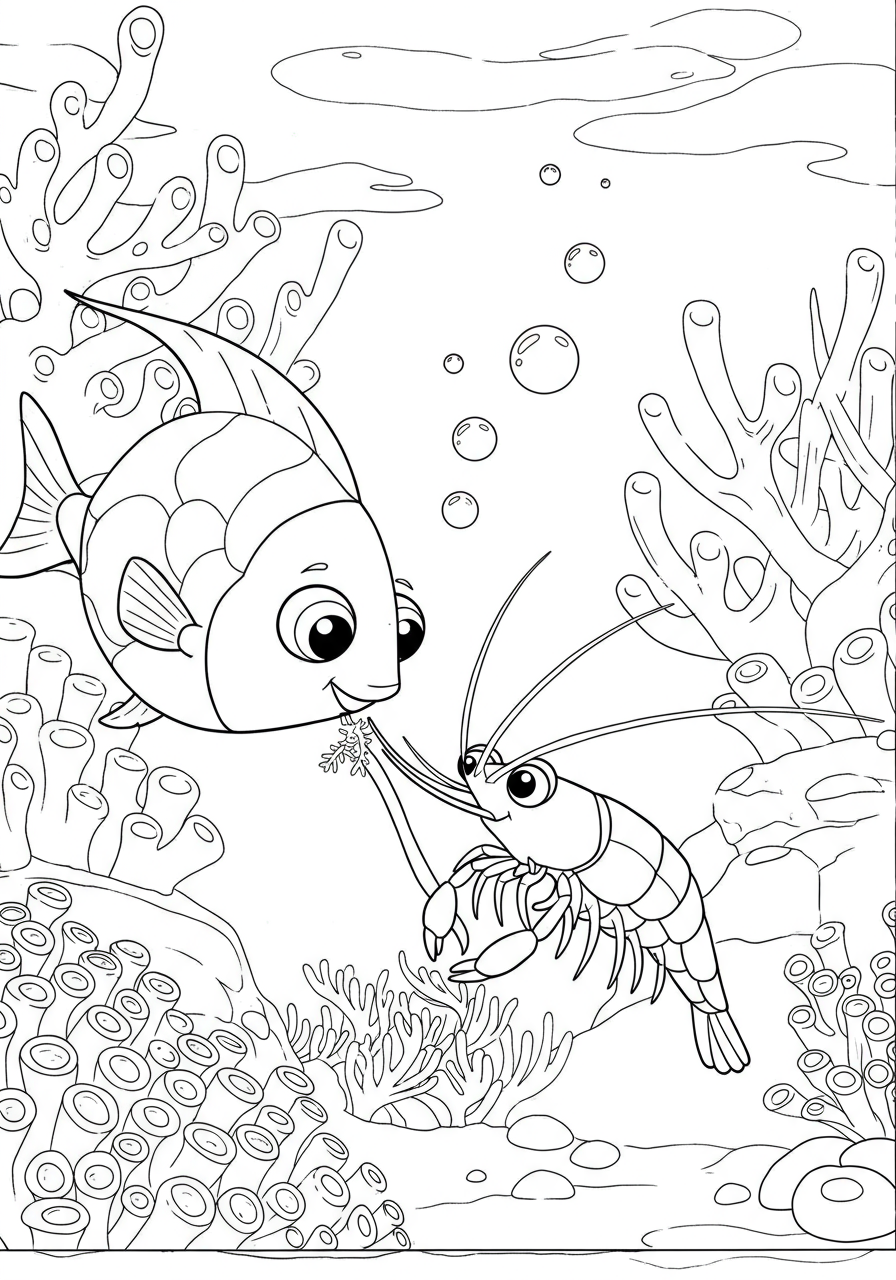 A free printable coloring page showing a small cleaner shrimp carefully picking parasites off a larger fish, with coral and ocean plants in the background.