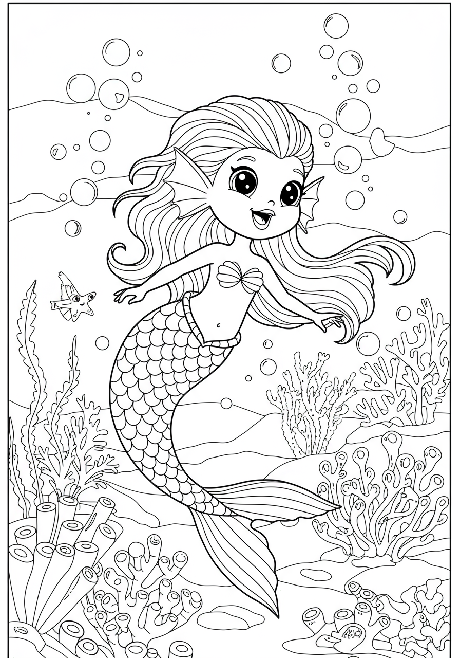 Free printable coloring page featuring a mythical siren with a flowing tail, singing an ancient song under the sea, surrounded by bubbles and sea plants.