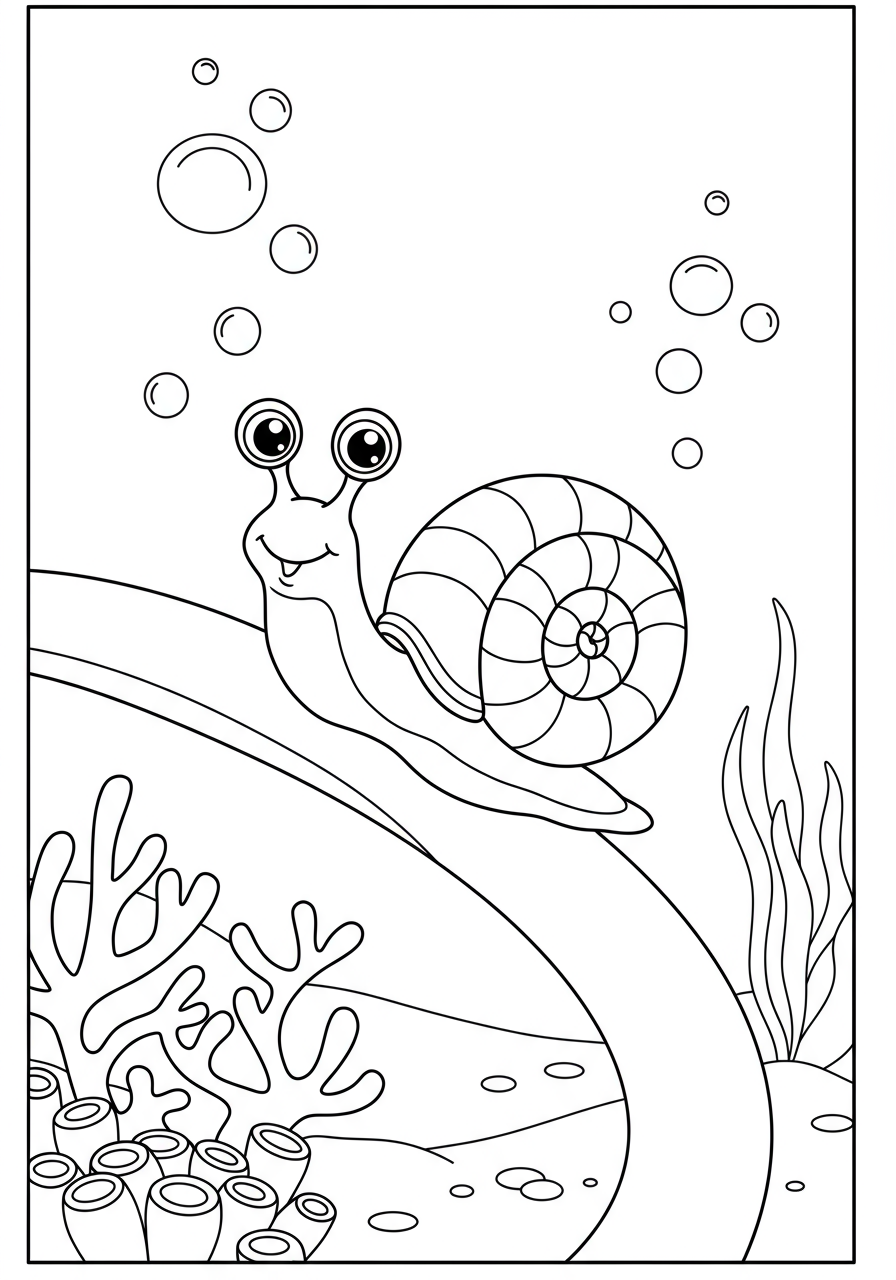 Free printable coloring page featuring a cartoon snail slowly crawling up a long piece of kelp, perfect for kids to color.