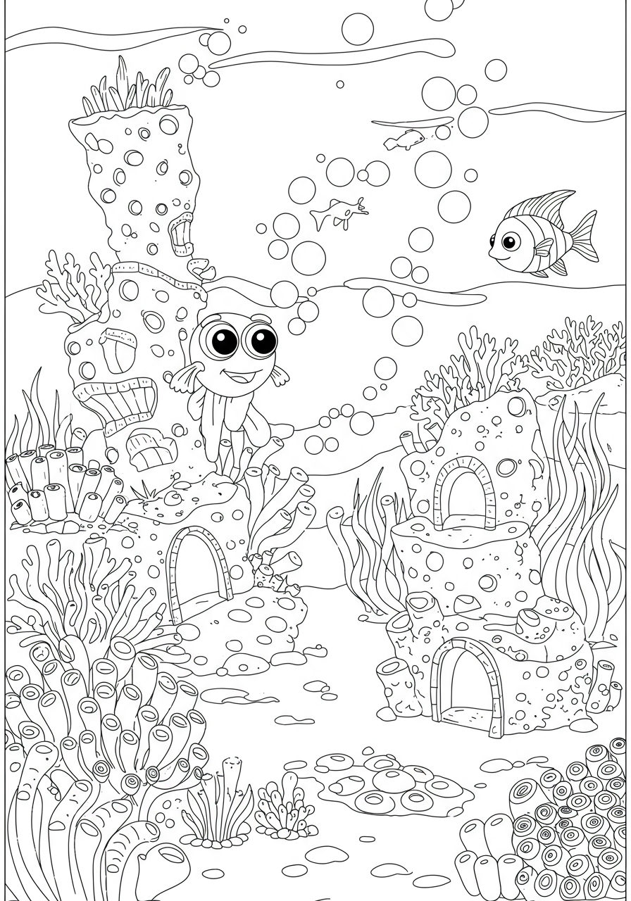 A free printable coloring page featuring a whimsical underwater 'Sponge City' scene with various sponge formations, friendly fish, and other marine life, designed for easy coloring by kids.