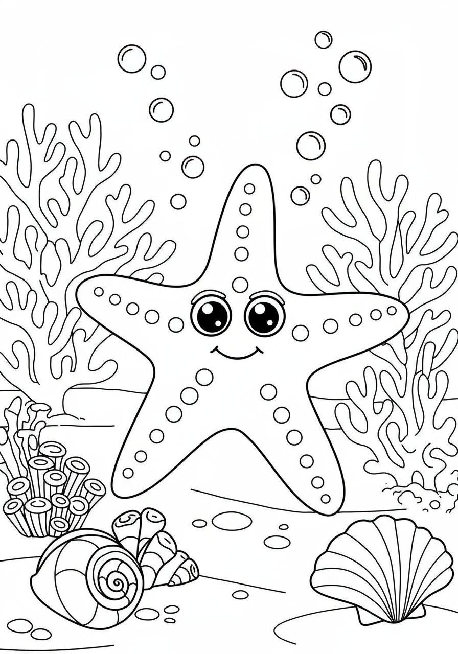 Starfish Beach Shells coloring page for kids