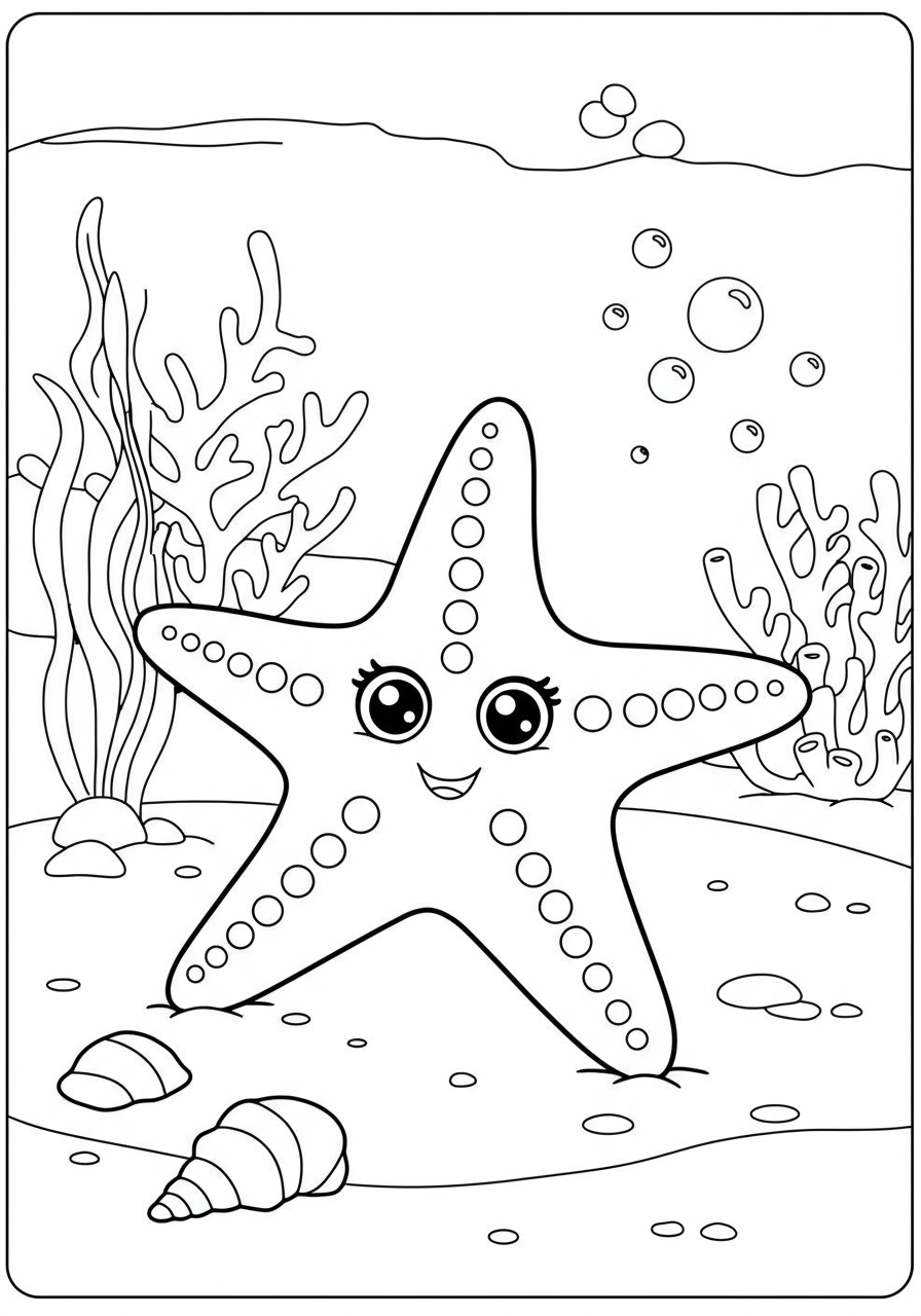 Free printable coloring page featuring a happy starfish resting on a simple sandy seabed with a few small shells, perfect for kids to color and learn about ocean creatures.