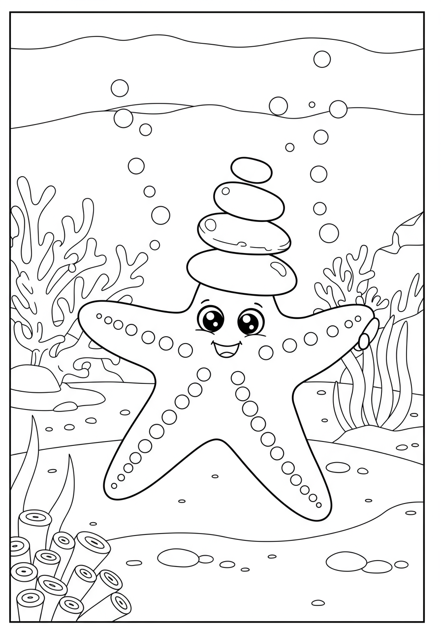 Free printable coloring page featuring a friendly starfish carefully stacking colorful, smooth rocks on the ocean floor, surrounded by bubbles and simple coral.