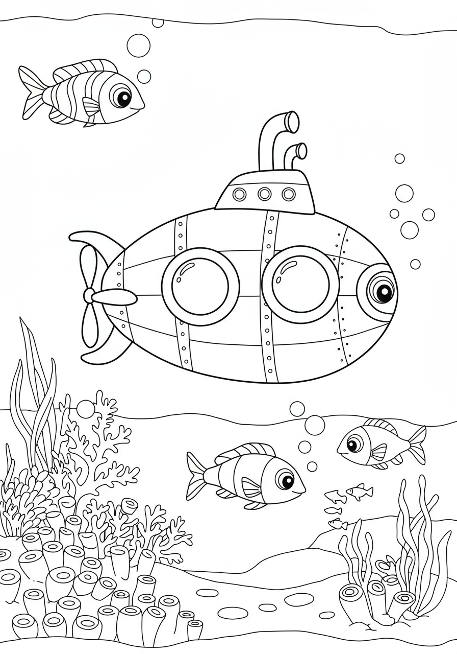 An easy free printable coloring page featuring a submarine with a large viewing window, exploring the ocean floor with cartoon fish swimming by.
