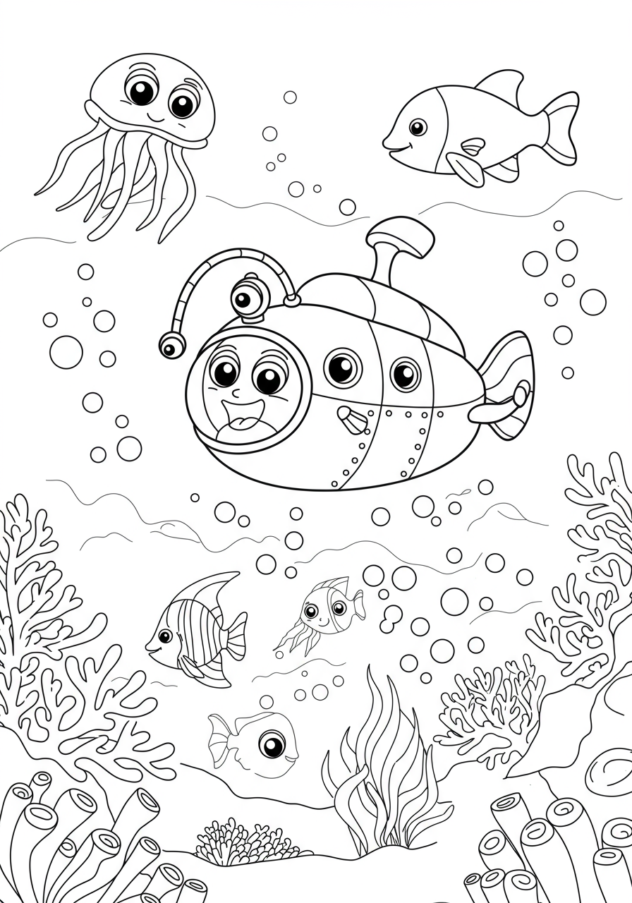 Free printable coloring page featuring a submersible exploring the deep ocean with various sea creatures like anglerfish and jellyfish.