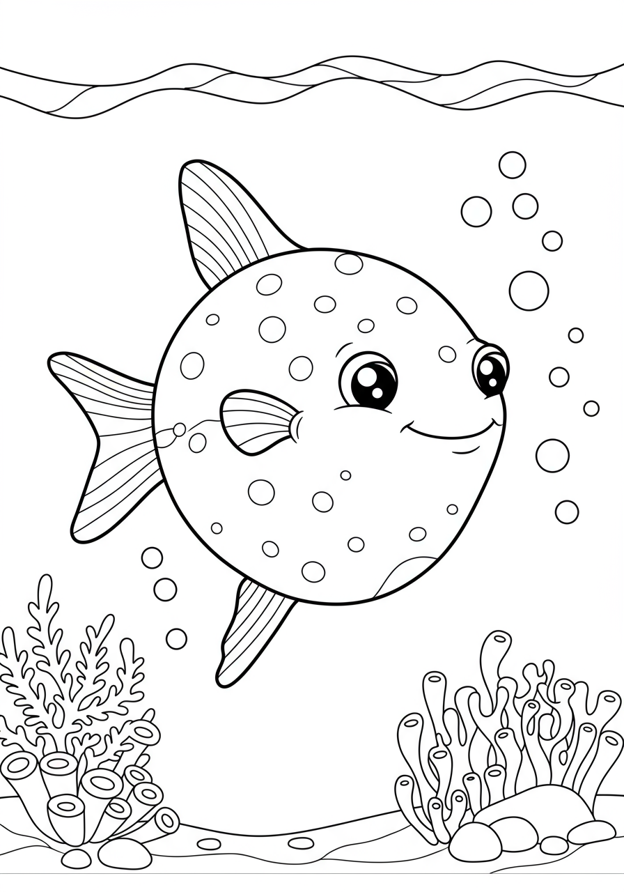 A free printable coloring page featuring a large, round sunfish gently floating in the open ocean water, with simple lines for easy coloring by children.