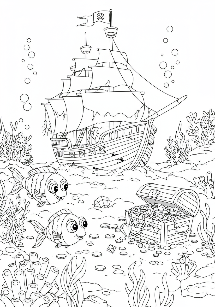 Free printable coloring page featuring a sunken pirate ship on the ocean floor with a treasure chest spilling gold coins and jewels, surrounded by friendly fish and bubbles, perfect for kids.