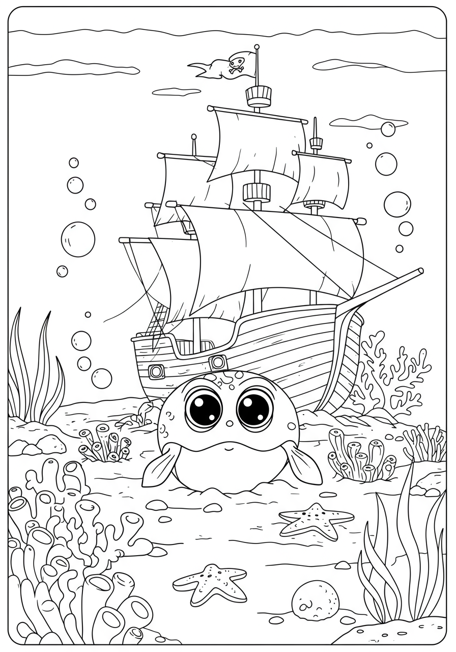 Sunken Pirate Ship coloring page for kids