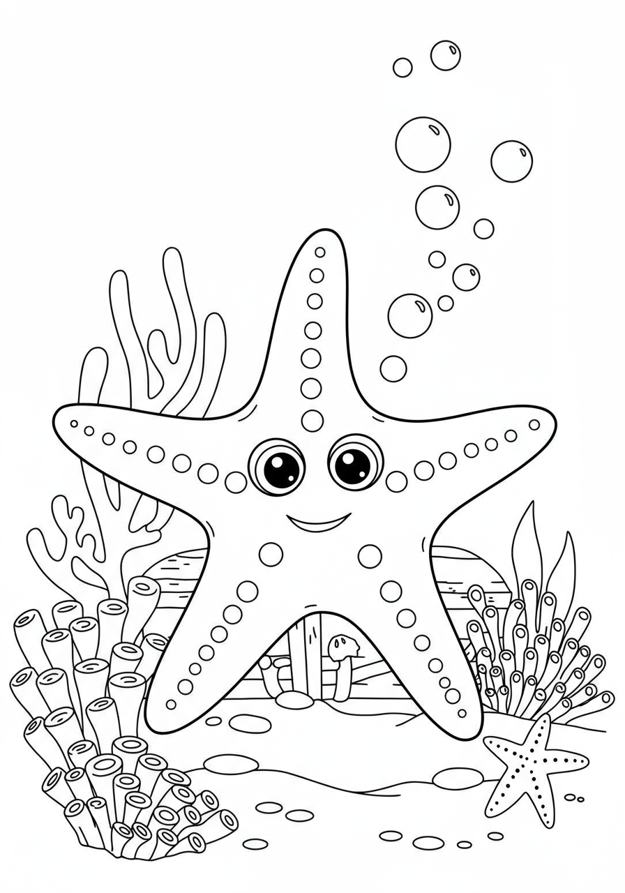 A free printable coloring page depicting a cheerful starfish sitting on a partially open sunken treasure chest with bubbles and ocean floor details.