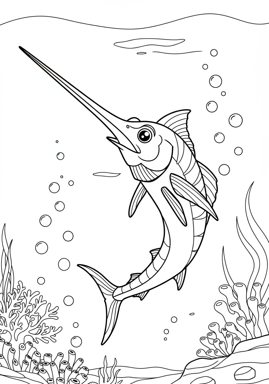 Free printable coloring page featuring a swordfish with a long bill, drawn in a dynamic pose, charging through water with speed lines and bubbles, suitable for kids.
