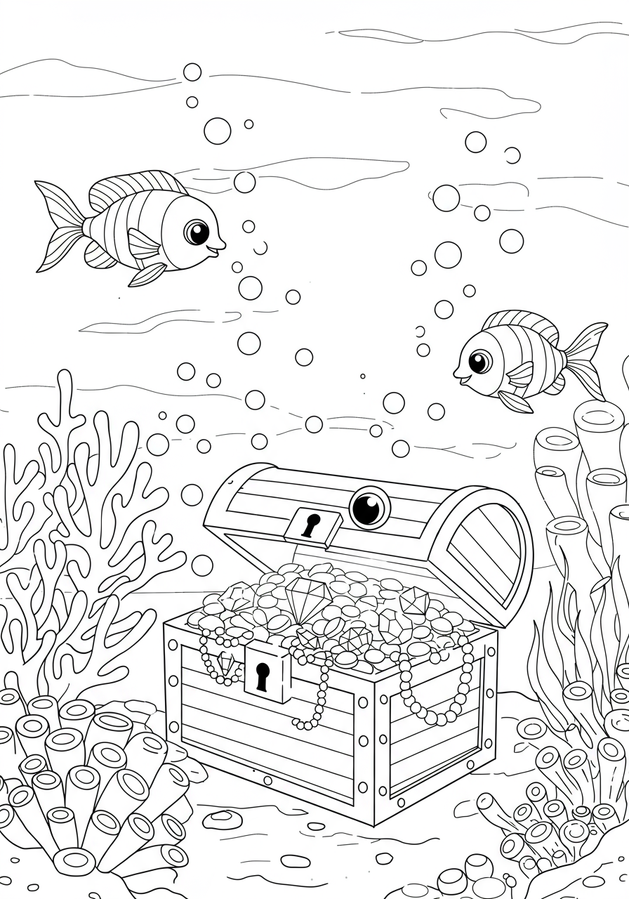 Free printable coloring page featuring a magical glowing treasure chest under the sea, overflowing with gold and jewels, surrounded by bubbles and fish, perfect for kids.
