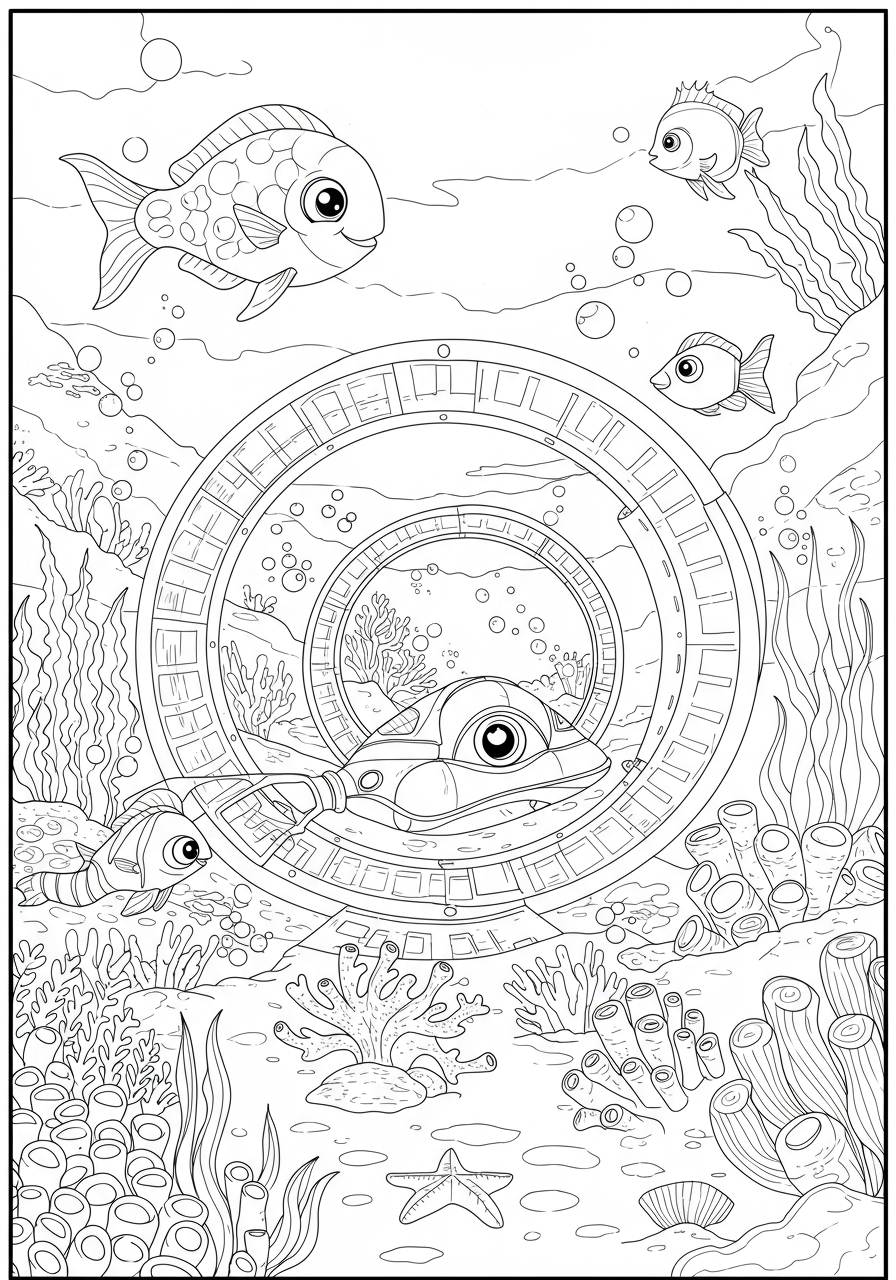 Free printable coloring page showing a futuristic undersea tunnel with a sleek vehicle passing through, surrounded by colorful fish, seaweed, and ocean plants.