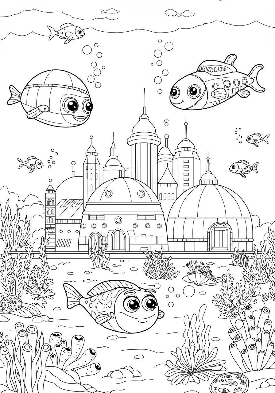 An exciting free printable coloring page depicting a futuristic underwater city with domes, advanced submersibles, and diverse marine life.