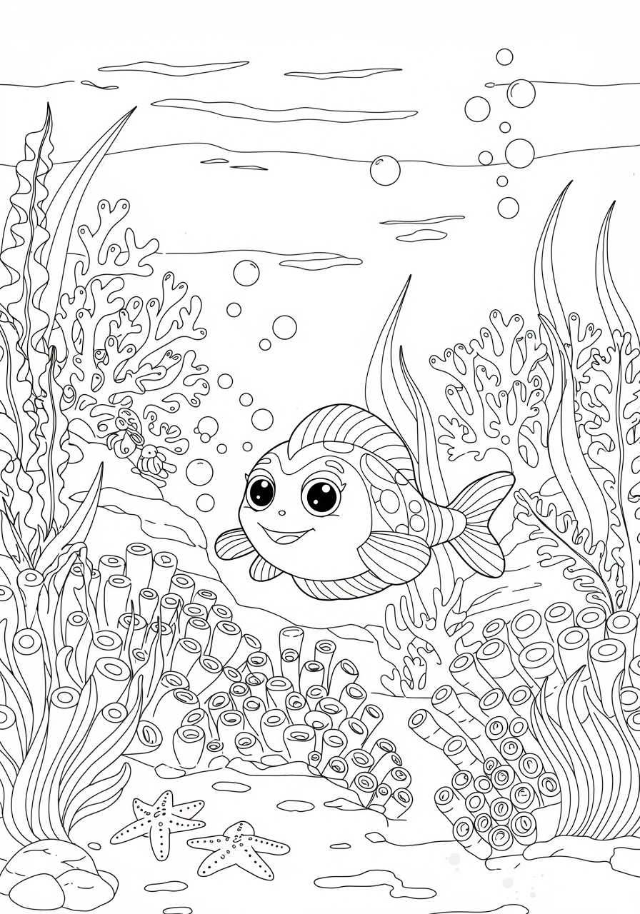 A free printable coloring page featuring an easy-to-color glowing underwater fairy garden, with whimsical plants, coral, sea creatures, and shimmering bubbles.