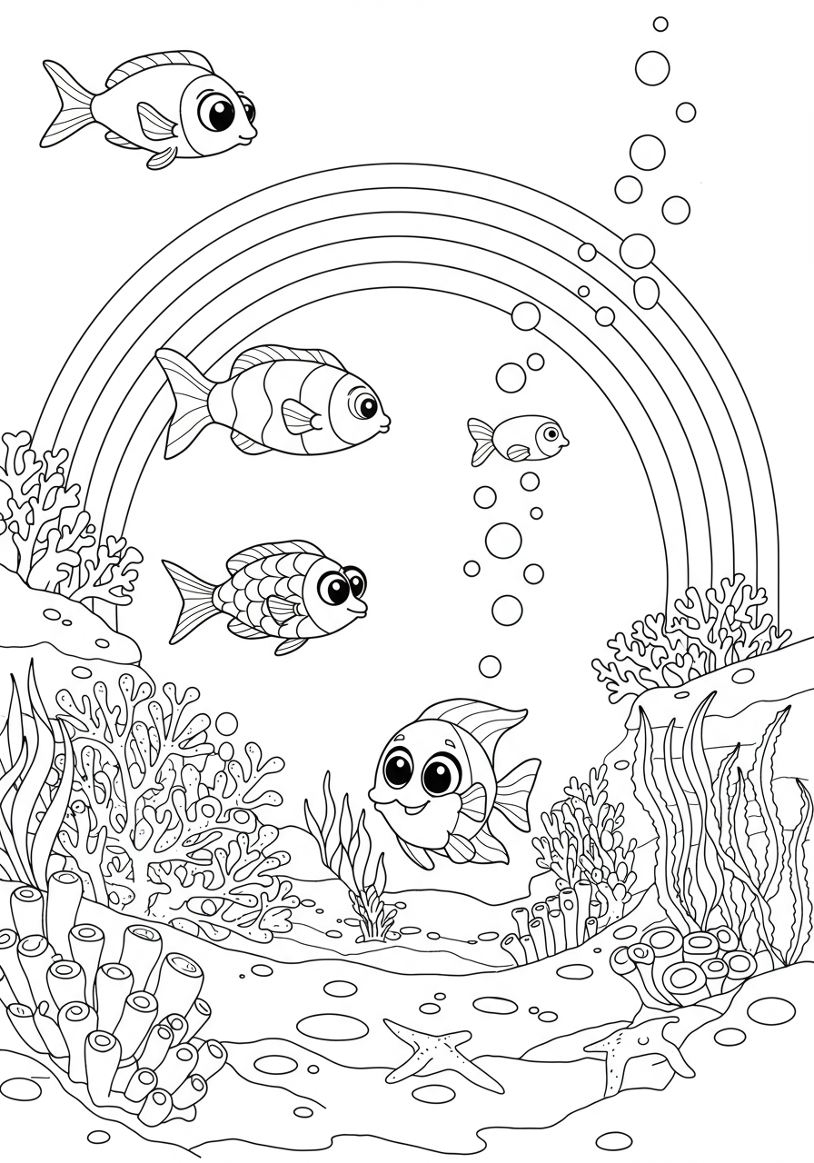Free printable Underwater Rainbow Archway coloring page featuring a vibrant arch of colors beneath the sea with friendly fish swimming through, perfect for kids.