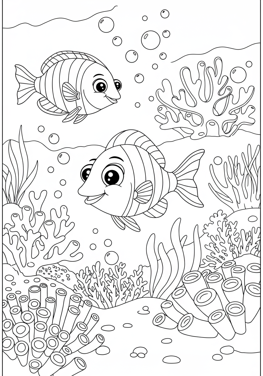 Free printable coloring page featuring a vibrant coral reef ecosystem with various fish and corals for kids to color, perfect for an easy activity.