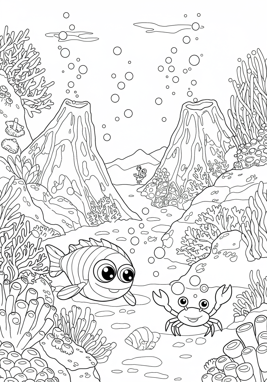 Free printable coloring page depicting volcanic deep sea activity with hydrothermal vents, deep-sea tube worms, and crabs in a dark ocean environment, suitable for kids.