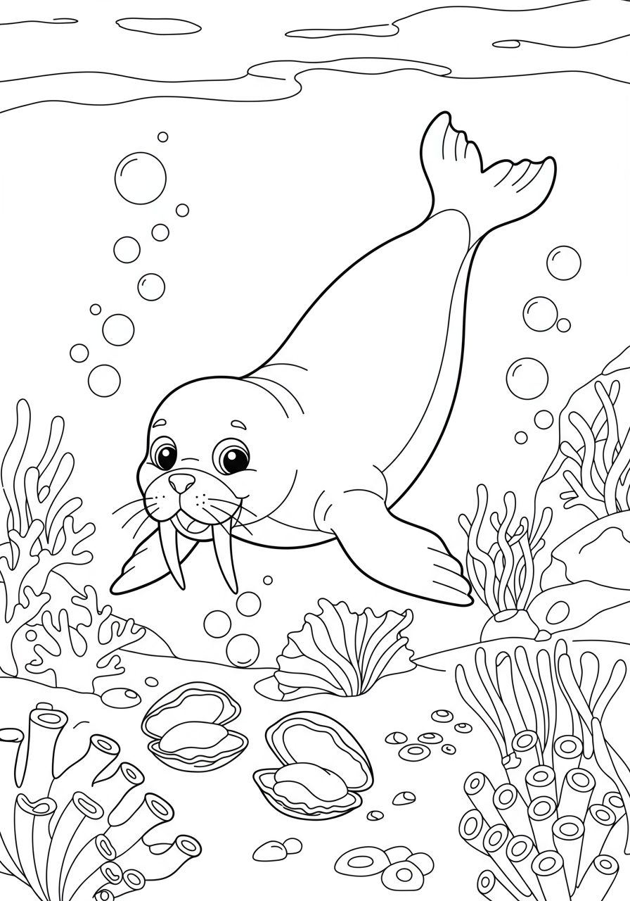 Free printable coloring page depicting a cheerful walrus diving underwater to find clams on the ocean floor, surrounded by bubbles and simple aquatic elements.