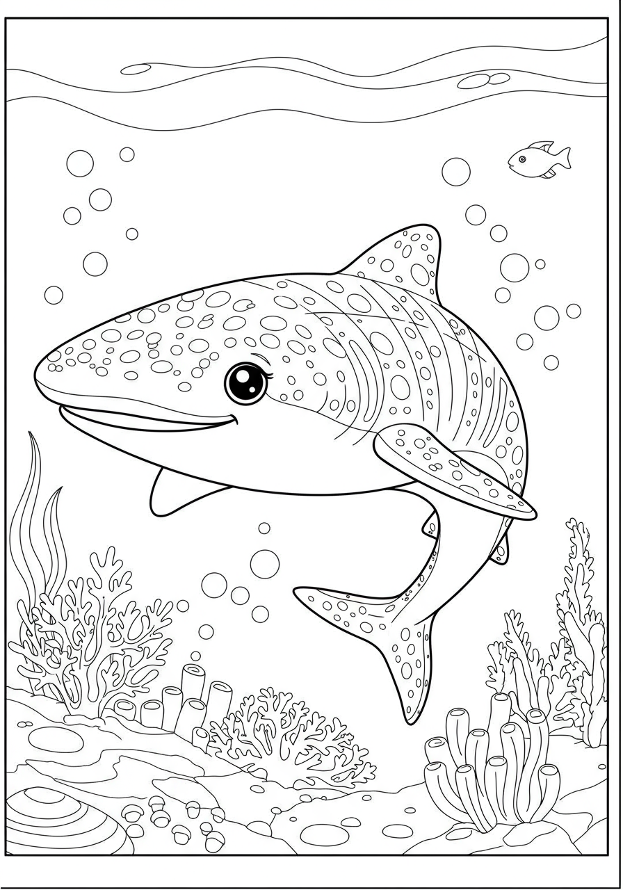 A free printable coloring page depicting a friendly whale shark, the gentle giant of the sea, swimming in clear ocean waters, perfect for easy coloring by children.