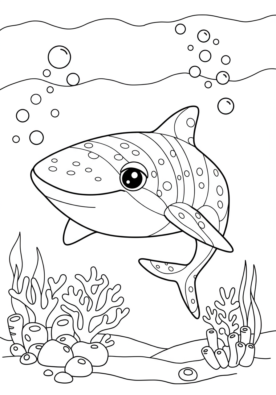 Free printable coloring page featuring a gentle whale shark swimming with smaller ocean friends like fish and coral in an underwater scene.