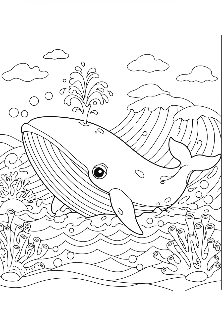 Free printable coloring page featuring a large whale surfacing from the ocean, spouting water from its blowhole, with ocean waves in the background, designed for easy coloring by kids.
