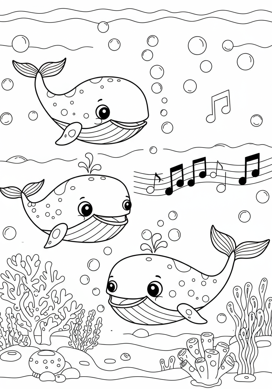 Free printable coloring page featuring cartoon whales singing a chorus under the sea with bubbles and music notes, designed for kids to easily color.