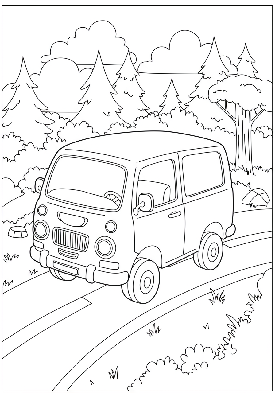 Free printable coloring page featuring a cheerful adventure van driving on a forest road with tall trees and natural scenery, perfect for kids.