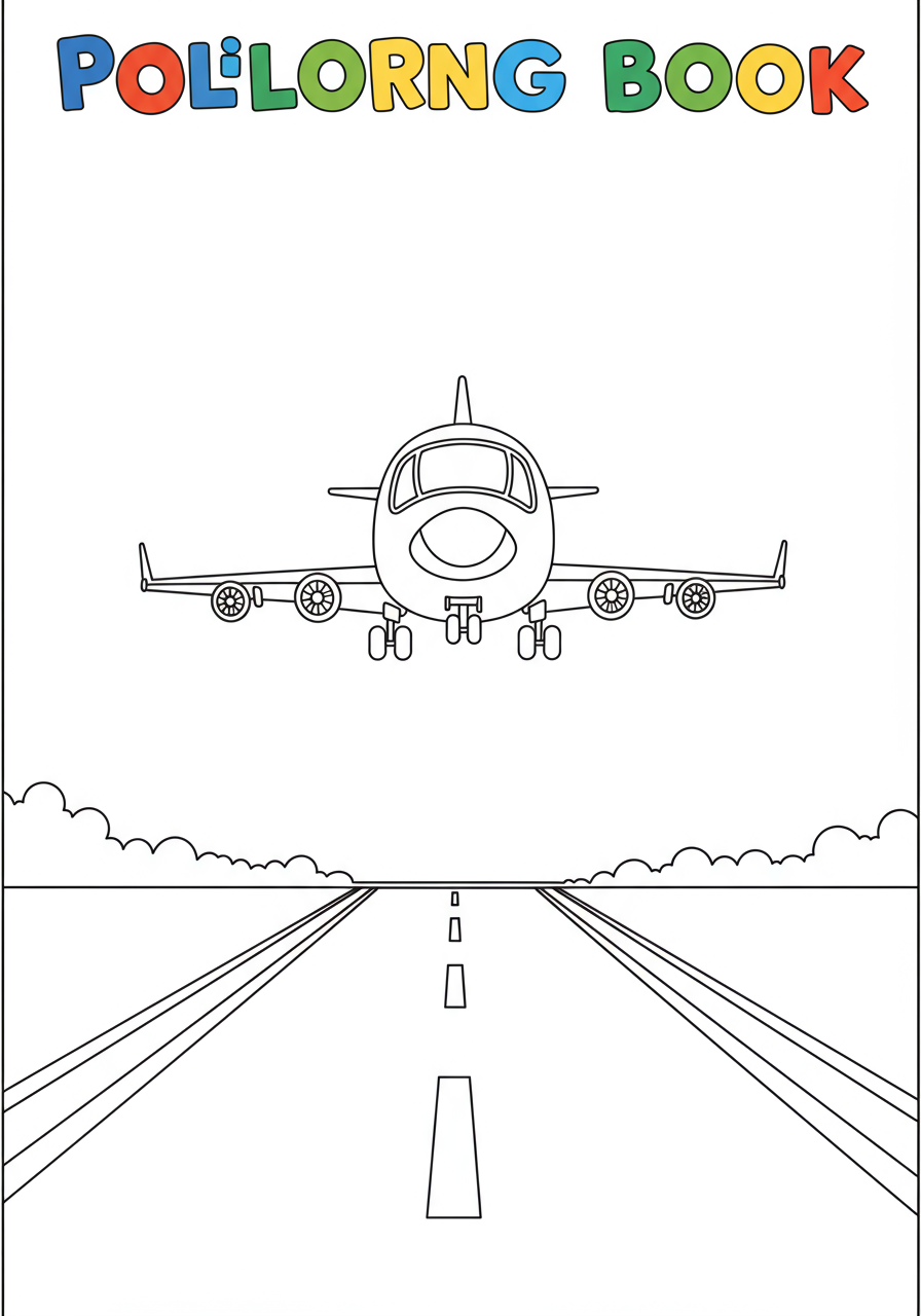 Free printable coloring page featuring an airliner with its wheels down, about to land on an airport runway, with a control tower in the background.