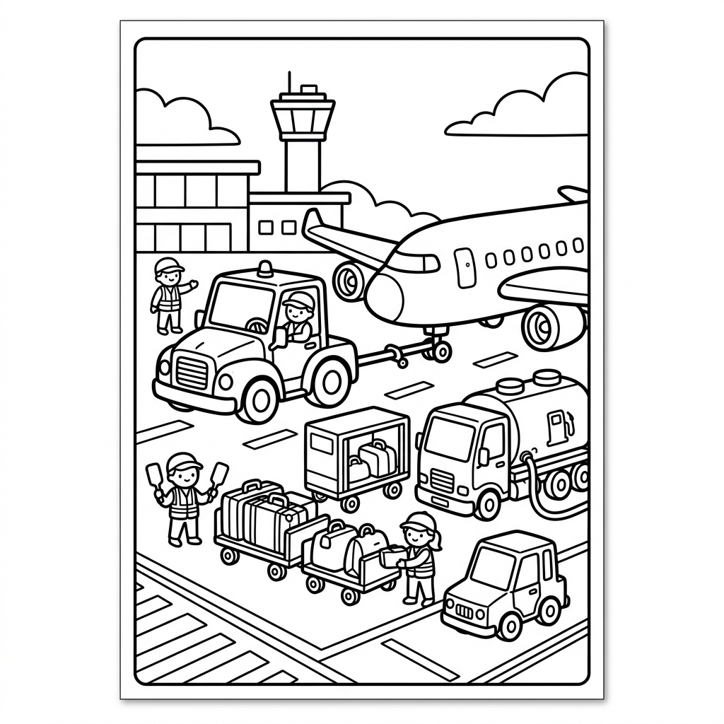 Free printable coloring page featuring various airport ground crew vehicles like tow tractors, baggage carts, fuel trucks, and a catering truck, ready for kids to color and learn about airport operations.