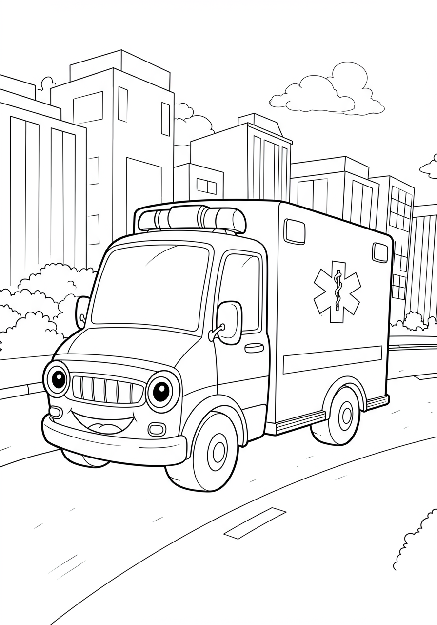 Free printable coloring page featuring an ambulance with flashing lights speeding down a city street, ready for kids to color.