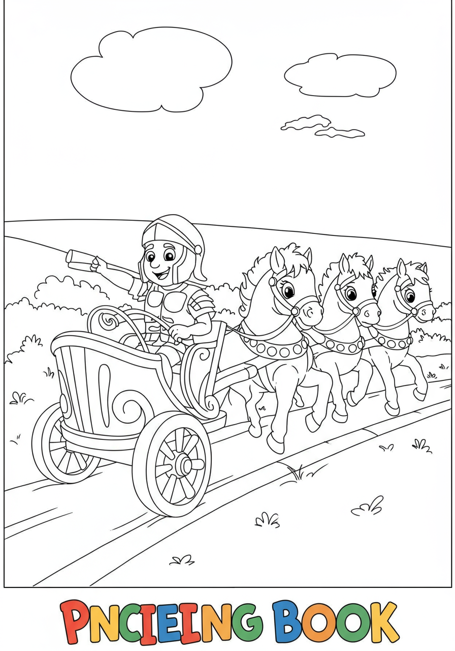 An exciting free printable coloring page depicting an Ancient Roman chariot race with multiple chariots pulled by horses, suitable for kids.