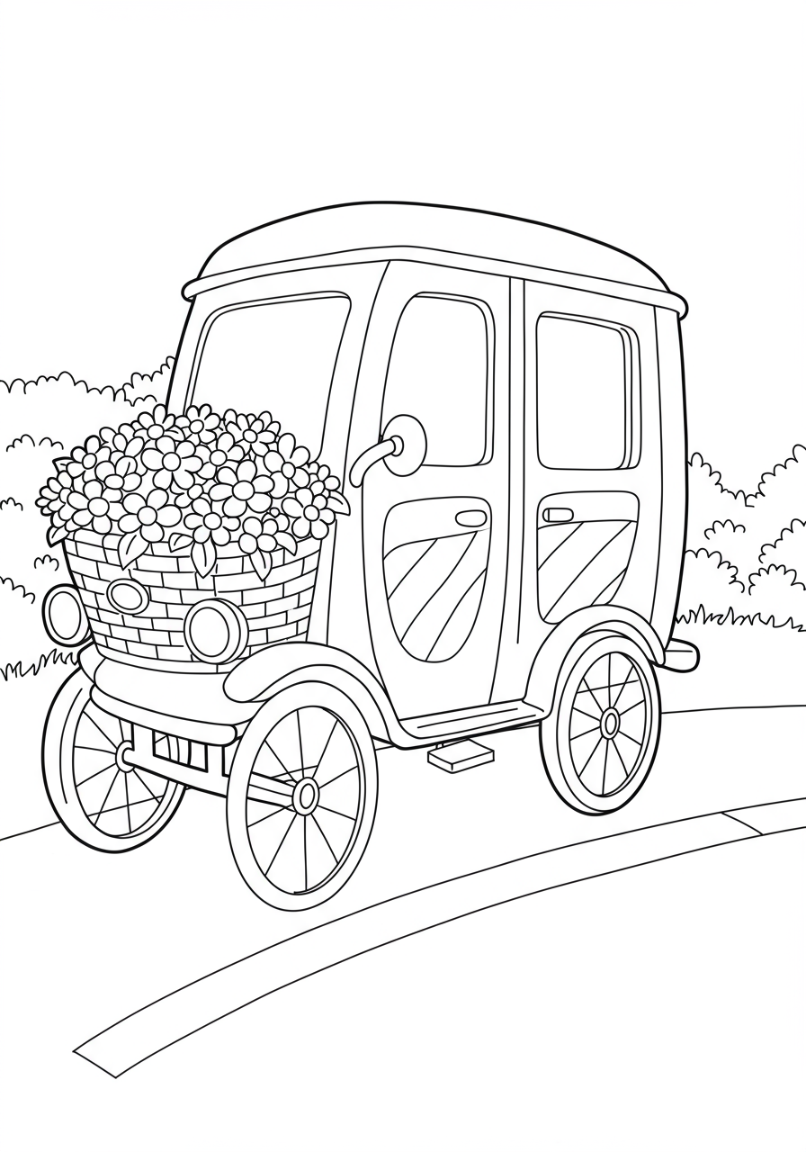 Free printable coloring page featuring an antique bicycle with a basket full of beautiful, cheerful flowers, ready for kids to color.