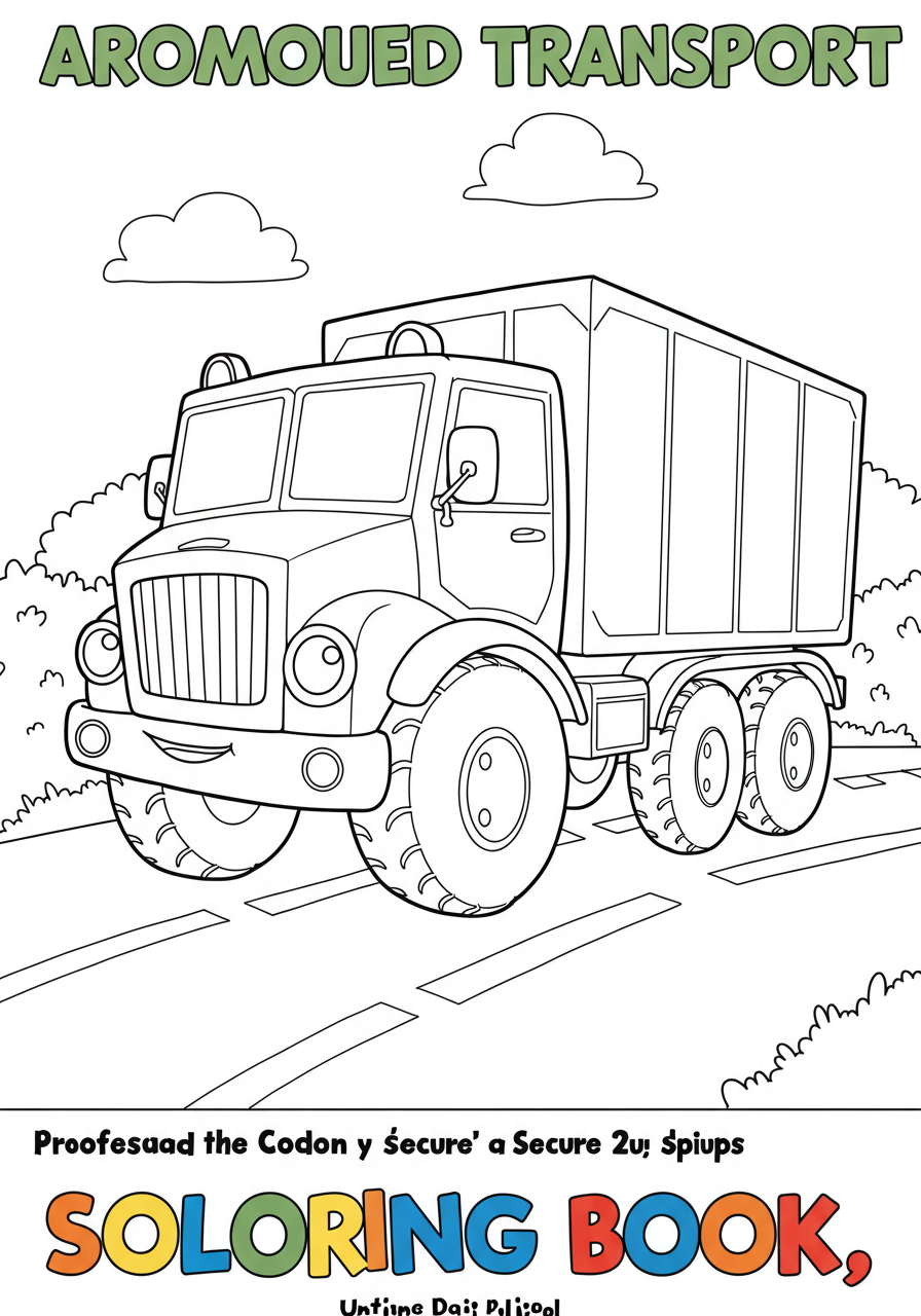 A free printable coloring page depicting a friendly and simple armored truck with bold outlines, perfect for young children to color.