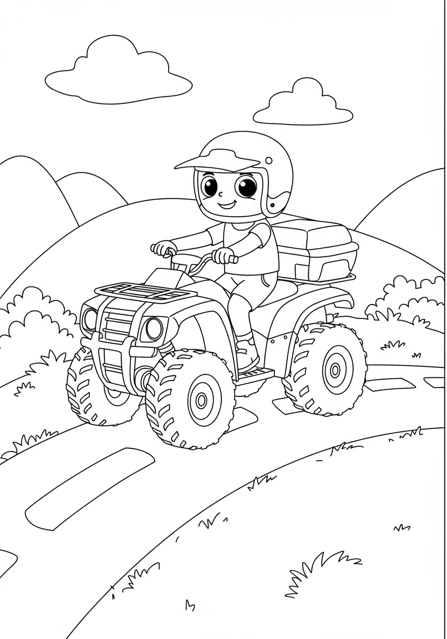 Free printable ATV quad bike fun coloring page for kids, featuring a smiling child on an easy-to-color off-road vehicle design.