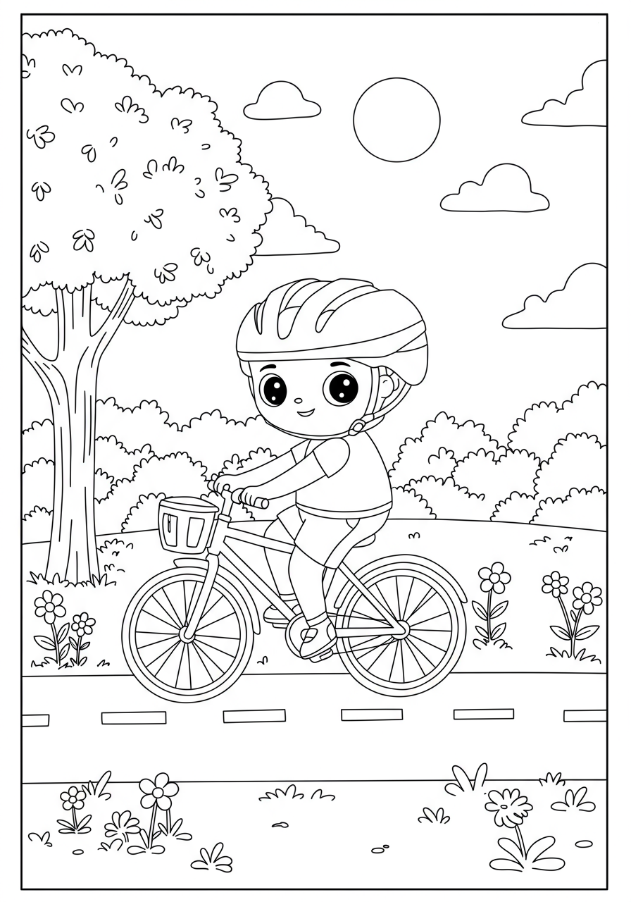 A cute cartoon character wearing a helmet riding a bicycle through a sunny park with trees and flowers