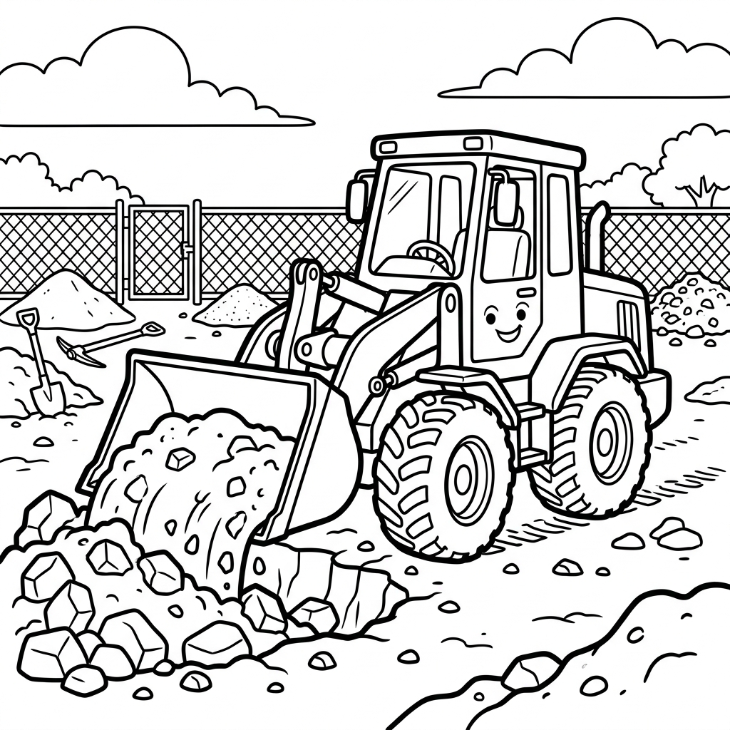 A free printable coloring page featuring a large, powerful construction bulldozer with its big blade digging into the ground, perfect for kids who love vehicles.