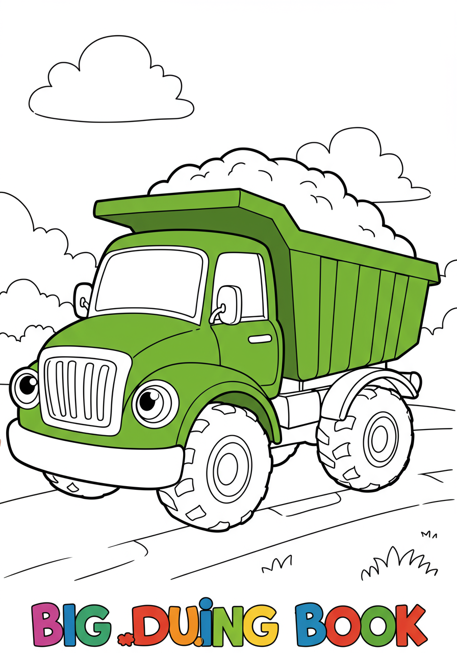 Free printable coloring page featuring a large, friendly green dump truck with big wheels and a raised bed, perfect for kids.