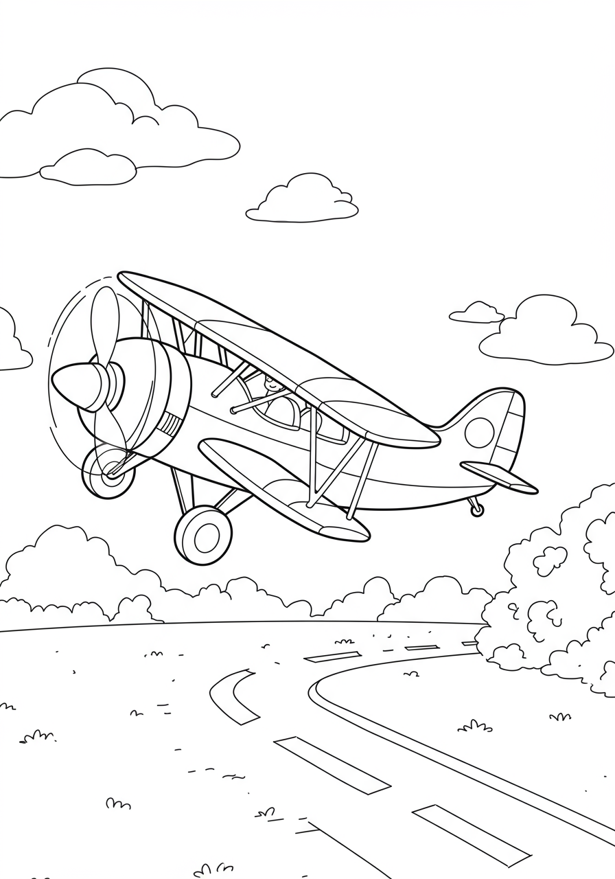 Free printable biplane flying stunts display coloring page for kids, showing a vintage aircraft performing aerial maneuvers against a cloudy sky, easy difficulty.
