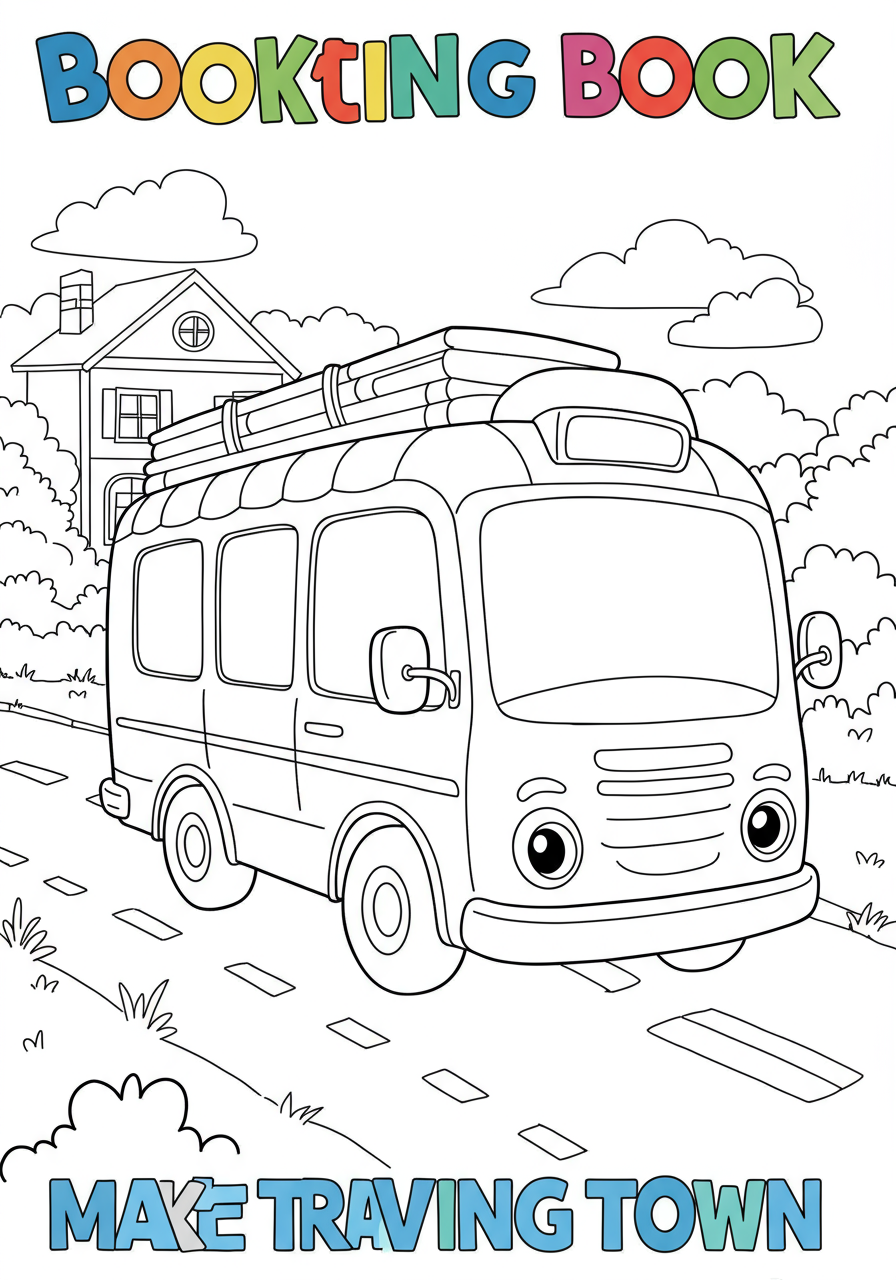 Free printable coloring page of a friendly bookstore bus driving through a town, filled with books and ready for kids to color.