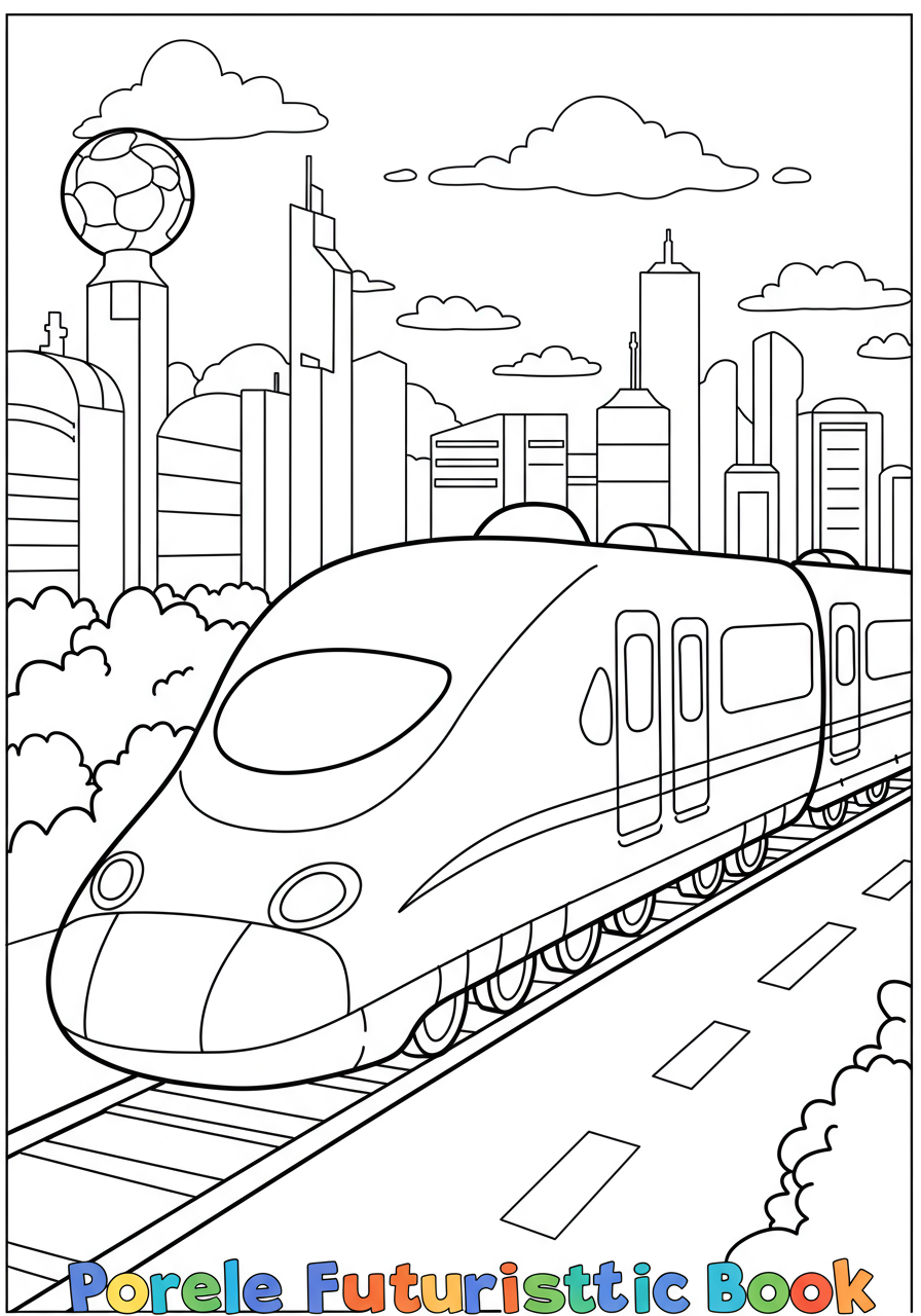 Free printable bullet train futuristic city coloring page for kids, featuring a high-speed train zooming through a vibrant, modern cityscape.