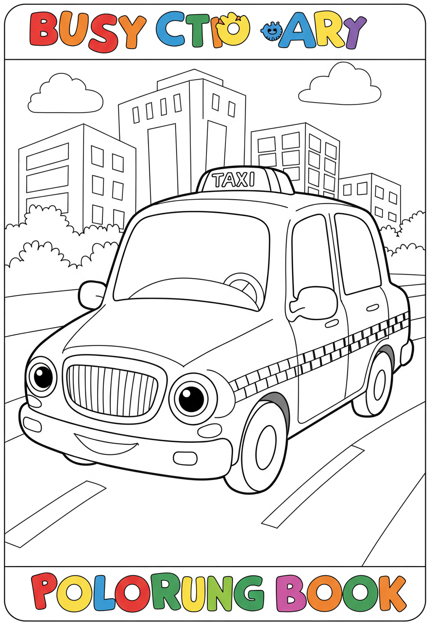 Image of a free printable coloring page featuring a busy city taxi cab with simple lines for easy coloring, set against a basic city background.