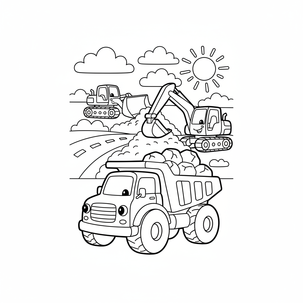 Free printable coloring page featuring a bustling construction site with an excavator, dump truck, and bulldozer working, designed for kids to color.