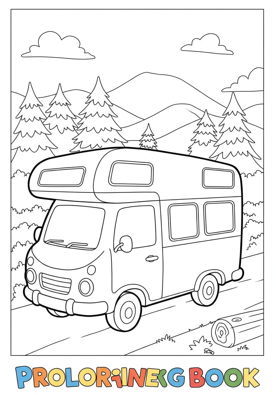 A free printable coloring page featuring a cute camper van parked in a forest campsite with trees, a campfire, and stars.
