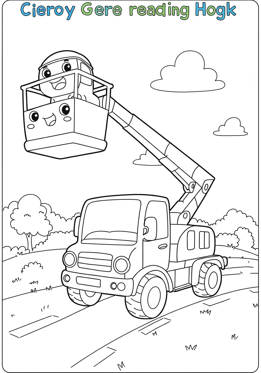 Free printable cherry picker coloring page for kids, showing a vehicle with an extended boom and basket reaching high into the sky, ready for coloring.