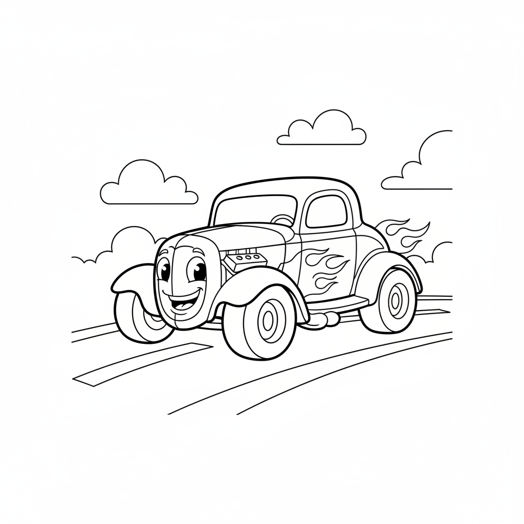 A free printable coloring page featuring a classic hot rod car with big exposed wheels, a visible engine, and a sleek vintage design, ready for kids to color with bright colors.