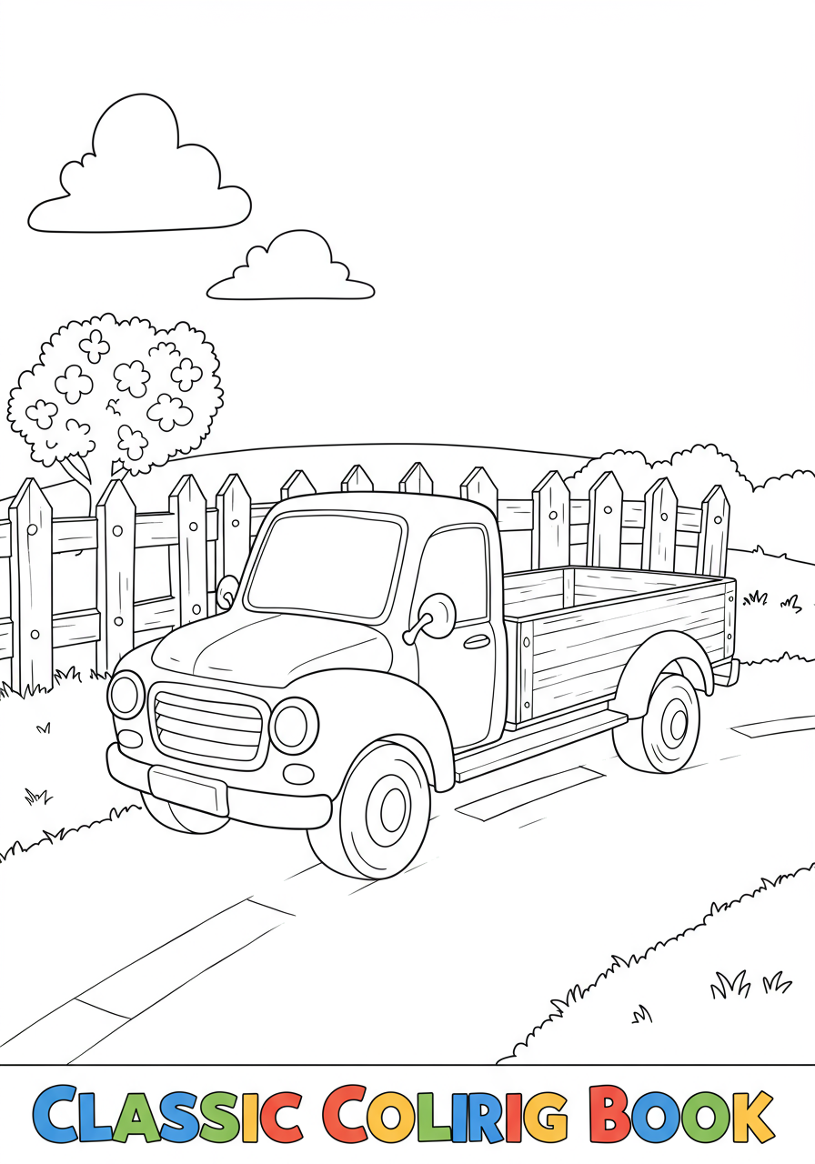 Free printable coloring page showing a charming classic red farm truck parked next to a rustic wooden fence in a sunny field, perfect for kids.