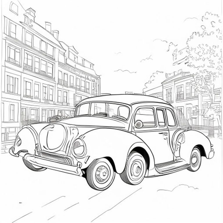 A free printable coloring page depicting a bustling street scene with several classic vintage cars from different eras, surrounded by old-fashioned buildings and lampposts, perfect for kids.