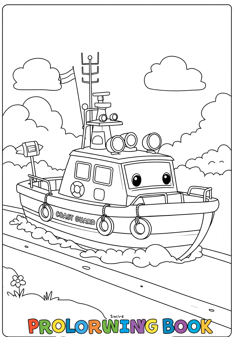 Free printable coloring page featuring a Coast Guard boat patrolling the ocean, with simple lines for easy coloring by kids.