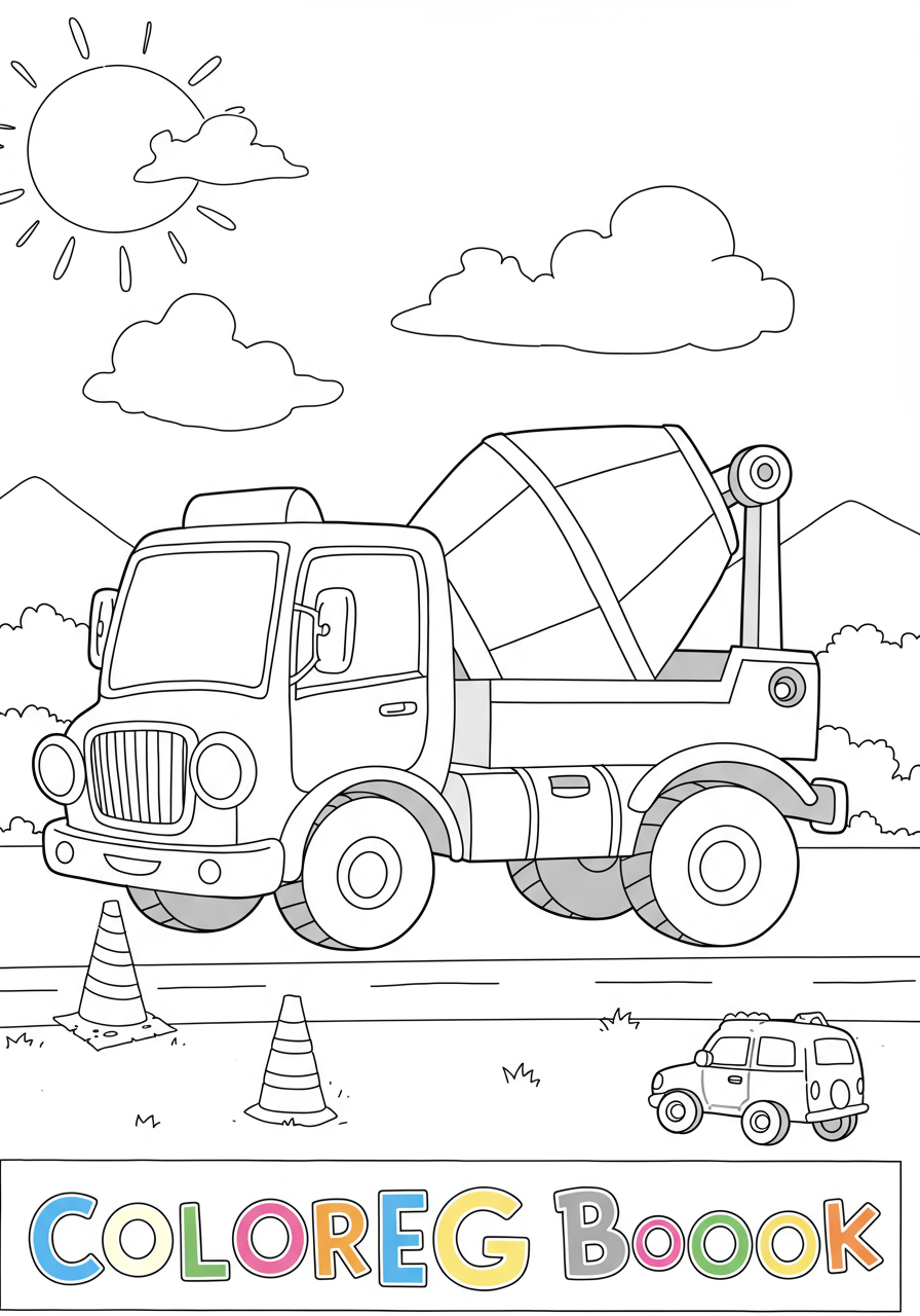 Free printable coloring page featuring a concrete mixer truck at a bustling construction site, ready for kids to color.