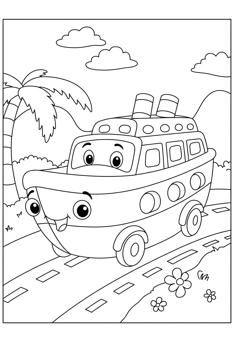 Free printable coloring page featuring a large cruise ship sailing past a sunny tropical island with palm trees and calm blue water, perfect for kids.